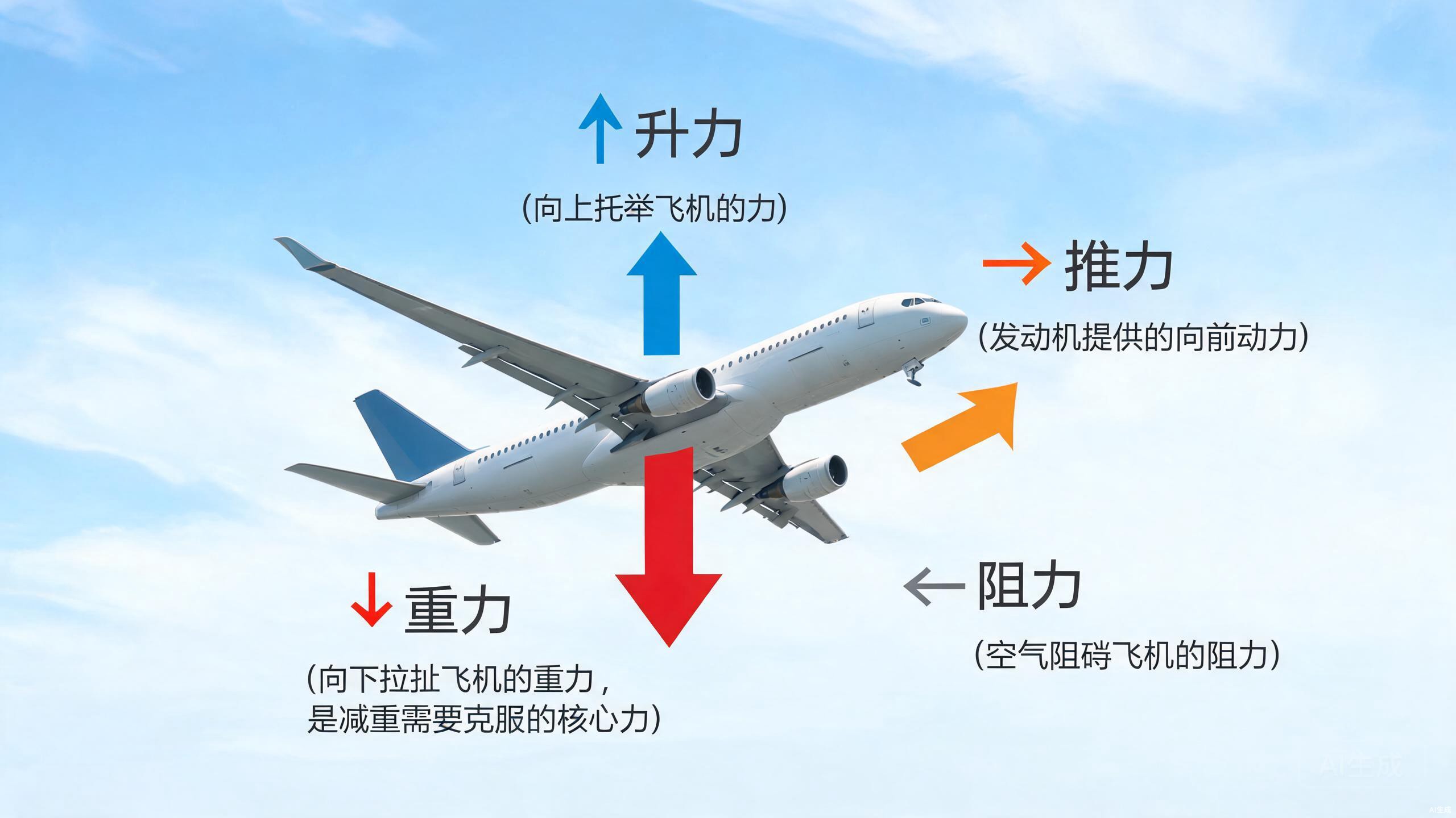 飞机飞行的四个力：升力、重力、推力、阻力