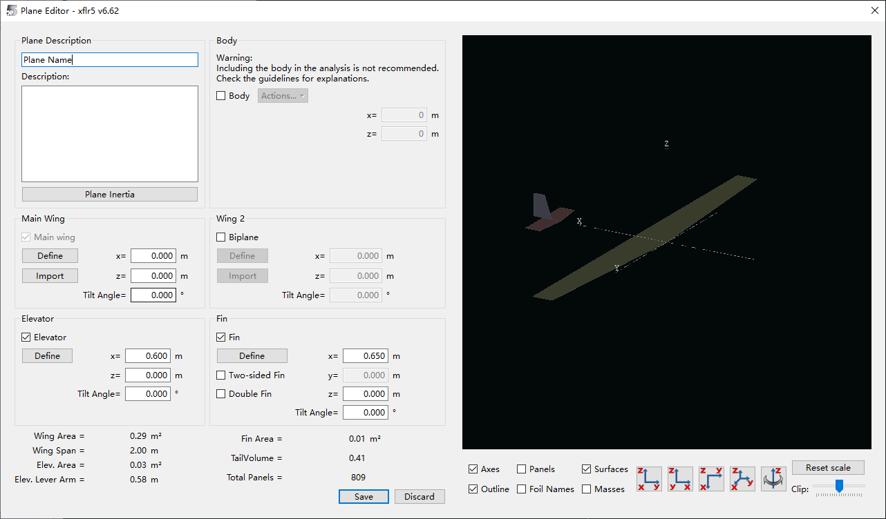 XFLR5 v6.62 Plane Editor飞机定义界面