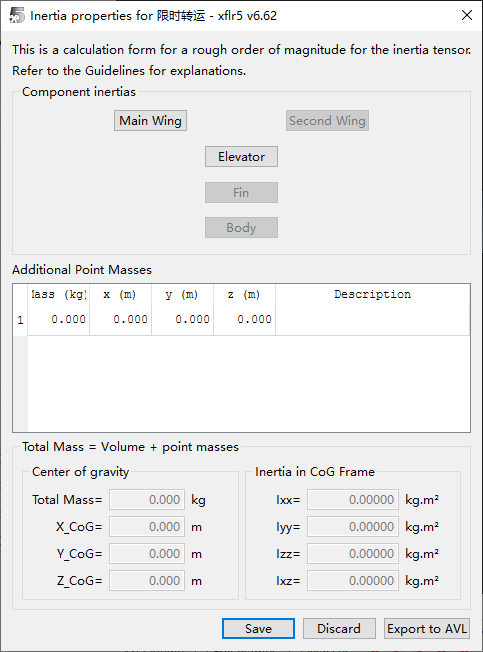 图3：惯性属性窗口——通过点质量设置重心，Total Mass=1.000kg，X_CoG=0.090m（30% MAC）
